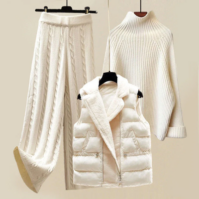 Cozy Chic 3-teiliges Set aus Kabelstrick und Pufferweste für Frauen