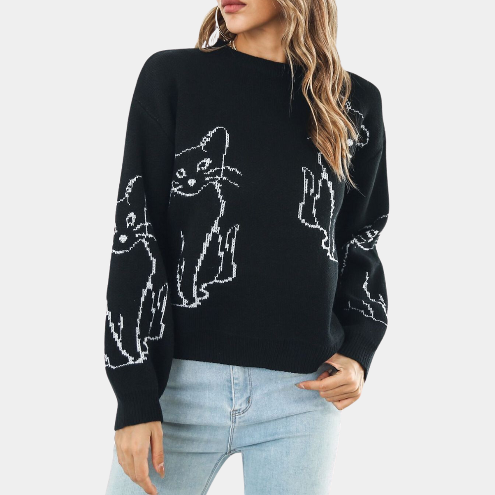 Verspielter Strickpullover | Katzenmotiv | Lässige Passform