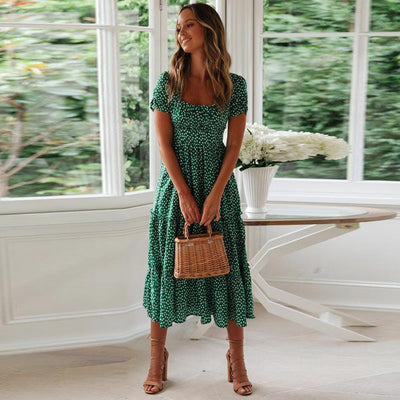 Charlie™ Bohemische Grüne Midi-Kleid mit Puffärmeln