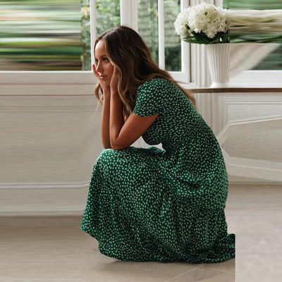 Charlie™ Bohemische Grüne Midi-Kleid mit Puffärmeln
