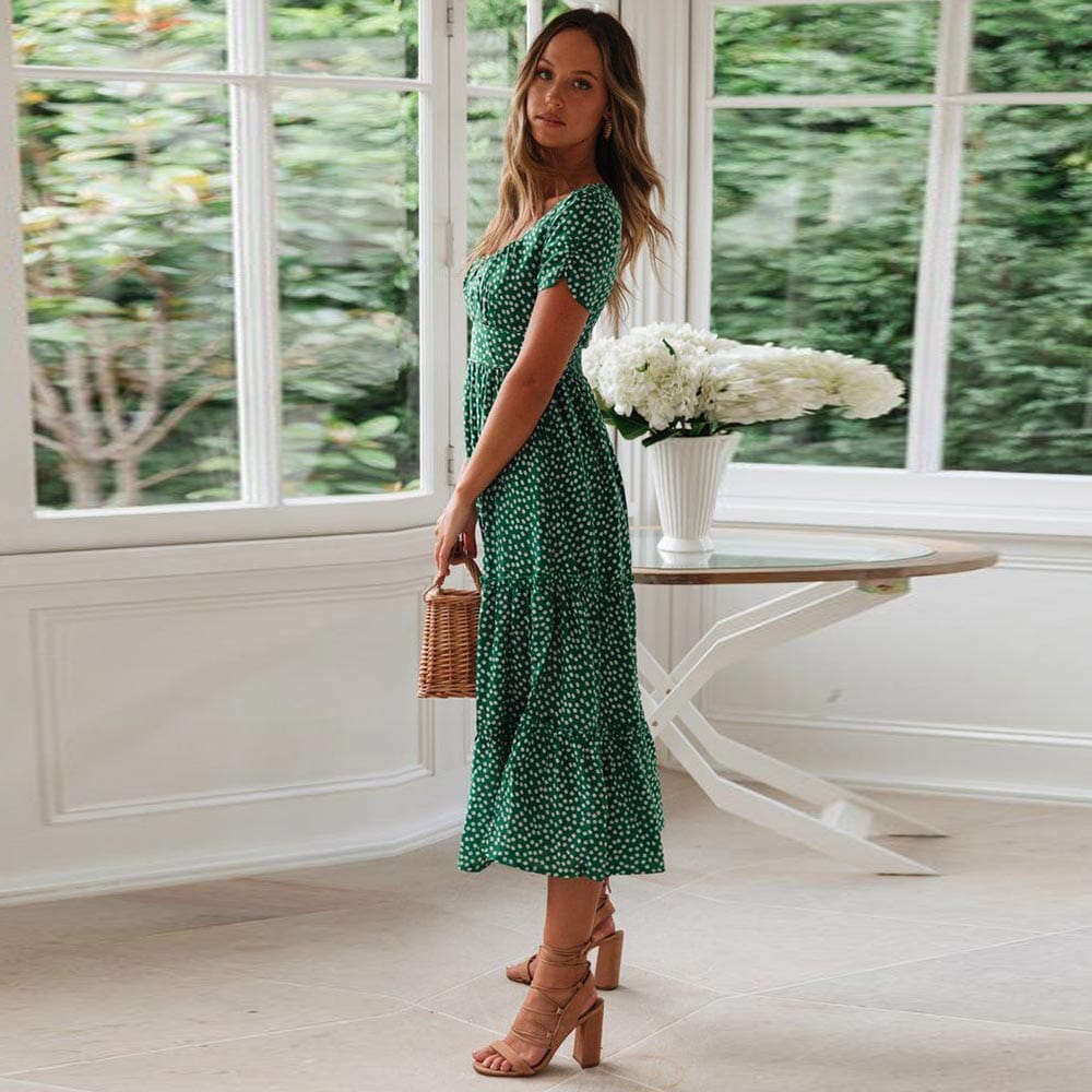 Charlie™ Bohemische Grüne Midi-Kleid mit Puffärmeln