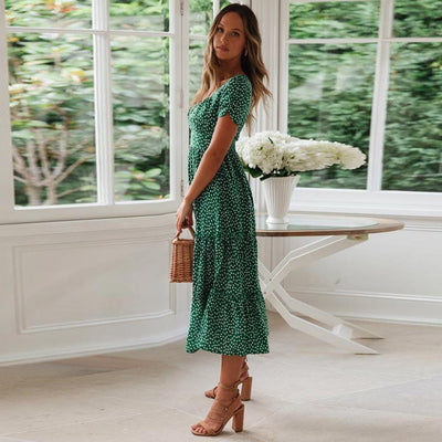 Charlie™ Bohemische Grüne Midi-Kleid mit Puffärmeln