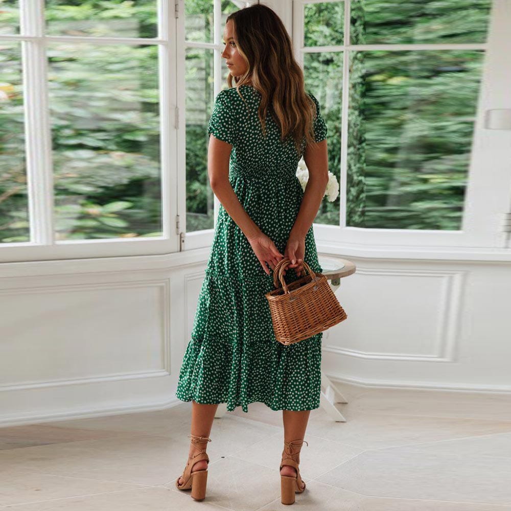 Charlie™ Bohemische Grüne Midi-Kleid mit Puffärmeln