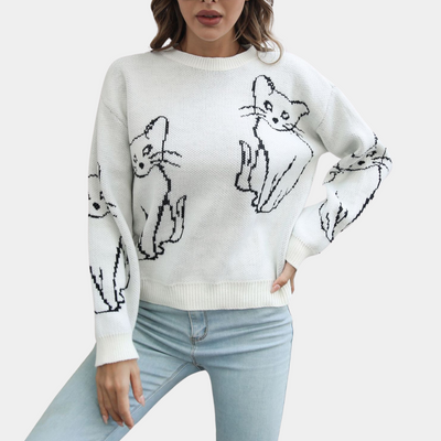Verspielter Strickpullover | Katzenmotiv | Lässige Passform