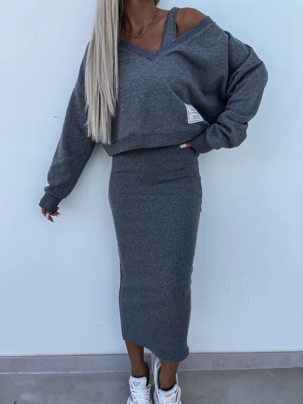 Strick-Zweiteiler mit Top | Oversize Pullover | Figurbetonter Midirock