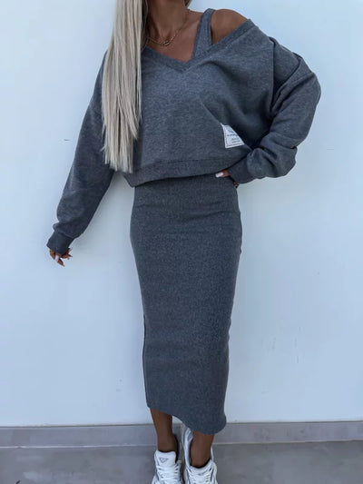 Strick-Zweiteiler mit Top | Oversize Pullover | Figurbetonter Midirock