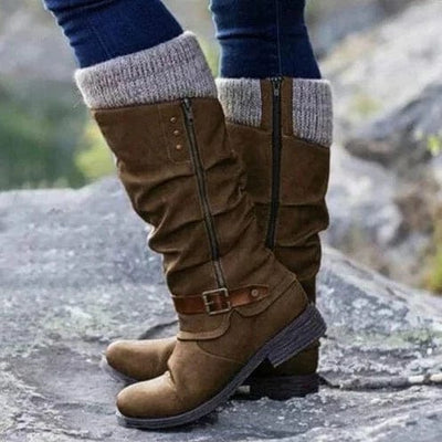 Winterstiefel Damen mit Strickbündchen und Schnalle – Lederoptik, verschiedene Farben